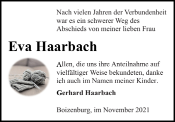 Traueranzeige von Eva Haarbach von Hagenower Kreisblatt