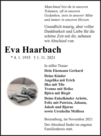 Traueranzeige von Eva Haarbach von Hagenower Kreisblatt