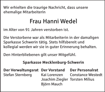 Traueranzeige von Frau Hanni Wedel von Zeitung für die Landeshauptstadt