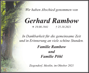 Traueranzeige von Gerhard Rambow von Parchimer Zeitung