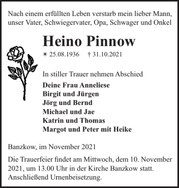 Traueranzeige von Heino Pinnow von Zeitung für die Landeshauptstadt