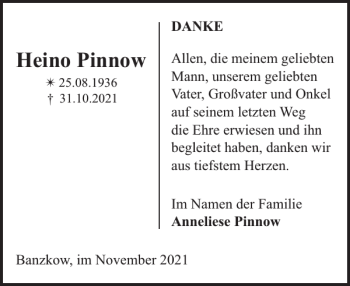 Traueranzeige von Heino Pinnow von Zeitung für die Landeshauptstadt