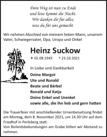 Traueranzeige von Heinz Suckow von Der Prignitzer