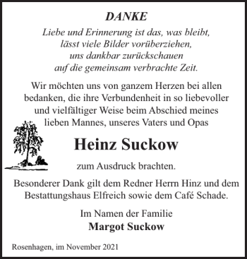 Traueranzeige von Heinz Suckow von Der Prignitzer