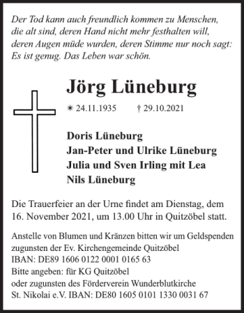 Traueranzeige von Jörg Lüneburg von Der Prignitzer