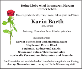 Traueranzeige von Karin Barth von Der Prignitzer