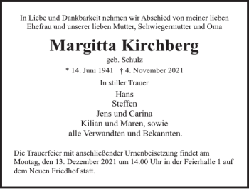 Traueranzeige von Margitta Kirchberg von Norddeutsche Neueste Nachrichten