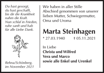 Traueranzeige von Marta Steinhagen von Gadebusch-Rehnaer Zeitung