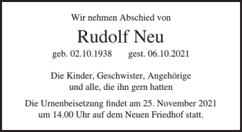 Traueranzeige von Rudolf Neu von Norddeutsche Neueste Nachrichten