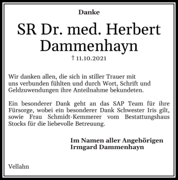 Traueranzeige von SR Dr. med. Herbert Dammenhayn von Hagenower Kreisblatt