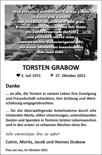 Traueranzeige von TORSTEN GRABOW von Zeitung für Lübz - Goldberg - Plau