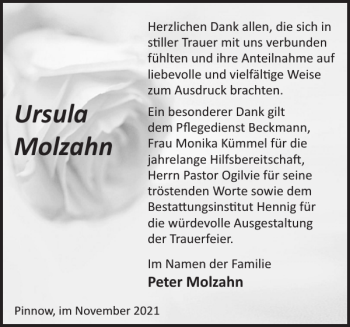 Traueranzeige von Ursula Molzahn von Zeitung für die Landeshauptstadt