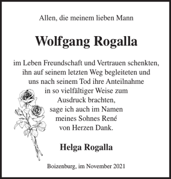 Traueranzeige von Wolfgang Rogalla von Hagenower Kreisblatt