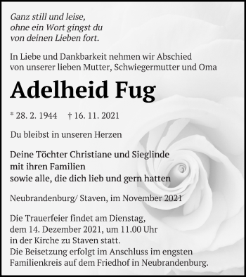 Traueranzeige von Adelheid Fug von Neubrandenburger Zeitung