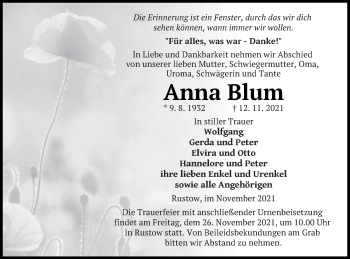 Traueranzeige von Anna Blum von Vorpommern Kurier