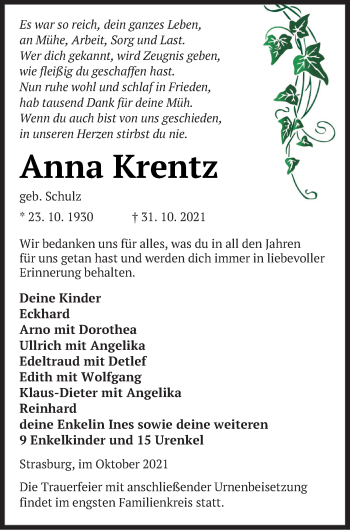 Traueranzeige von Anna Krentz von Pasewalker Zeitung