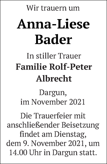 Traueranzeige von Anna-Liese Bader von Mecklenburger Schweiz