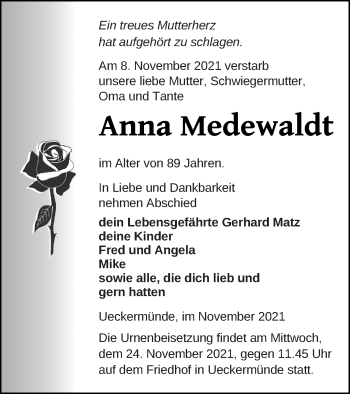 Traueranzeige von Anna Medewaldt von Haff-Zeitung