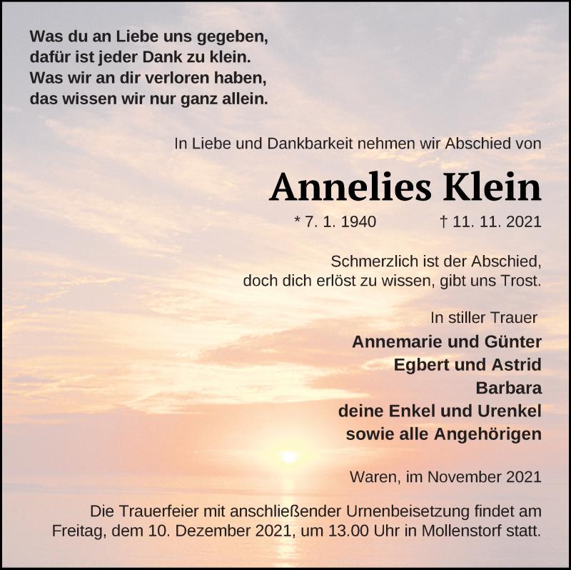  Traueranzeige für Annelies Klein vom 16.11.2021 aus Müritz-Zeitung