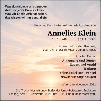 Traueranzeige von Annelies Klein von Müritz-Zeitung