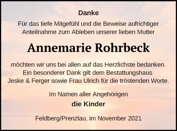 Traueranzeige von Annemarie Rohrbeck von Strelitzer Zeitung