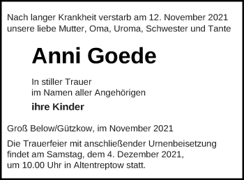 Traueranzeige von Anni Goede von Neubrandenburger Zeitung