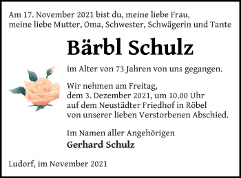 Traueranzeige von Bärbl Schulz von Müritz-Zeitung