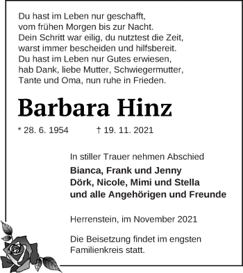 Traueranzeige von Barbara Hinz von Templiner Zeitung