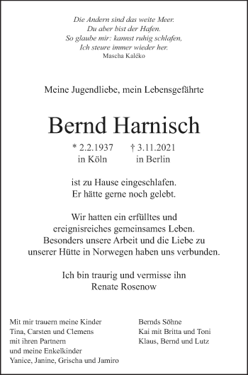 Traueranzeige von Bernd Harnisch von Strelitzer Zeitung