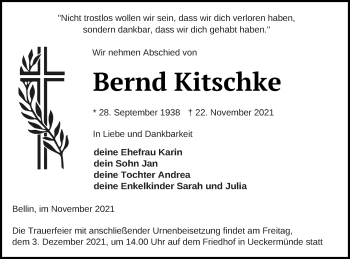 Traueranzeige von Bernd Kitschke von Haff-Zeitung