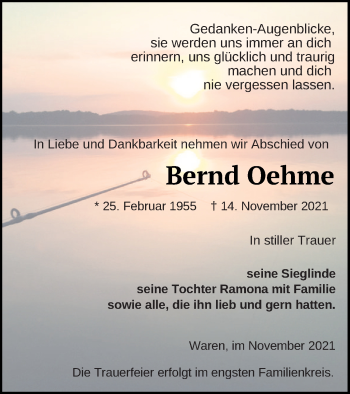 Traueranzeige von Bernd Oehme von Müritz-Zeitung