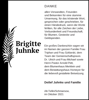 Traueranzeige von Brigitte Juhnke von Vorpommern Kurier