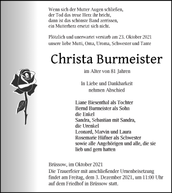 Traueranzeige von Christa Burmeister von Prenzlauer Zeitung