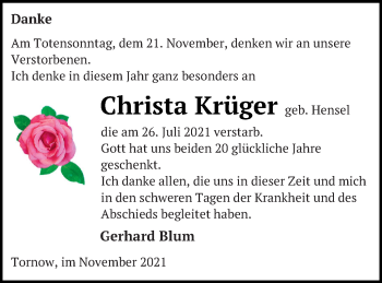 Traueranzeige von Christa Krüger von Prenzlauer Zeitung