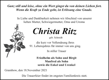 Traueranzeige von Christa Ritz von Pasewalker Zeitung