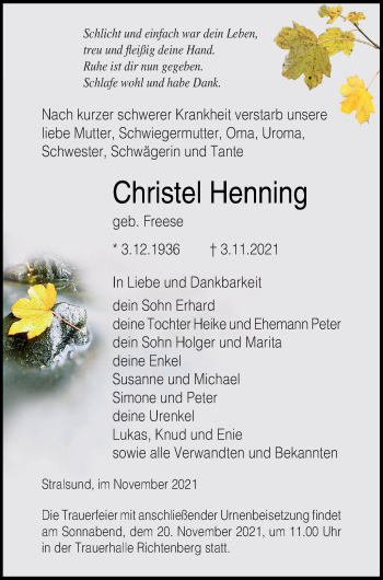 Traueranzeige von Christel Henning von Pasewalker Zeitung