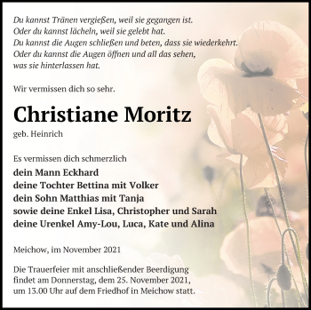 Traueranzeige von Christiane Moritz von Prenzlauer Zeitung