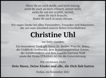 Traueranzeige von Christine Uhl von Vorpommern Kurier