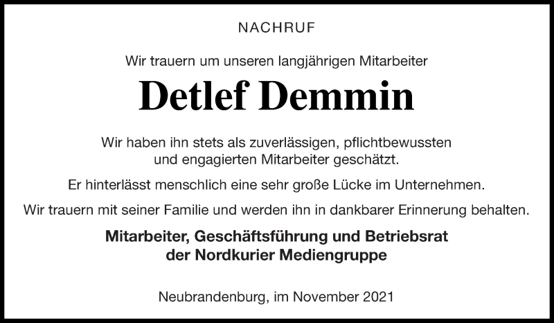  Traueranzeige für Detlef Demmin vom 13.11.2021 aus Nordkurier Gesamtausgabe