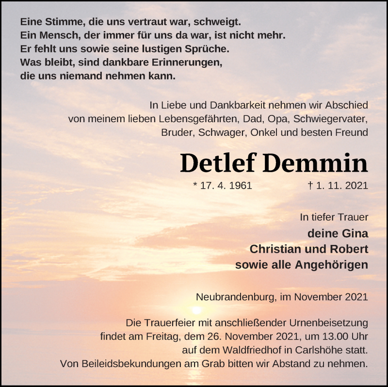  Traueranzeige für Detlef Demmin vom 06.11.2021 aus Neubrandenburger Zeitung