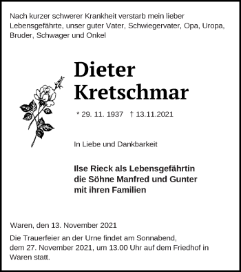 Traueranzeige von Dieter Kretschmar von Müritz-Zeitung