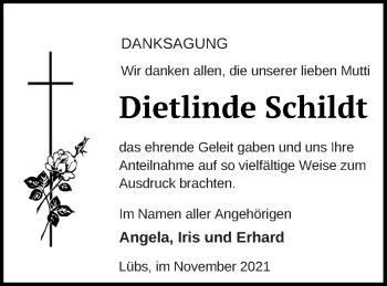 Traueranzeige von Dietlinde Schildt von Vorpommern Kurier