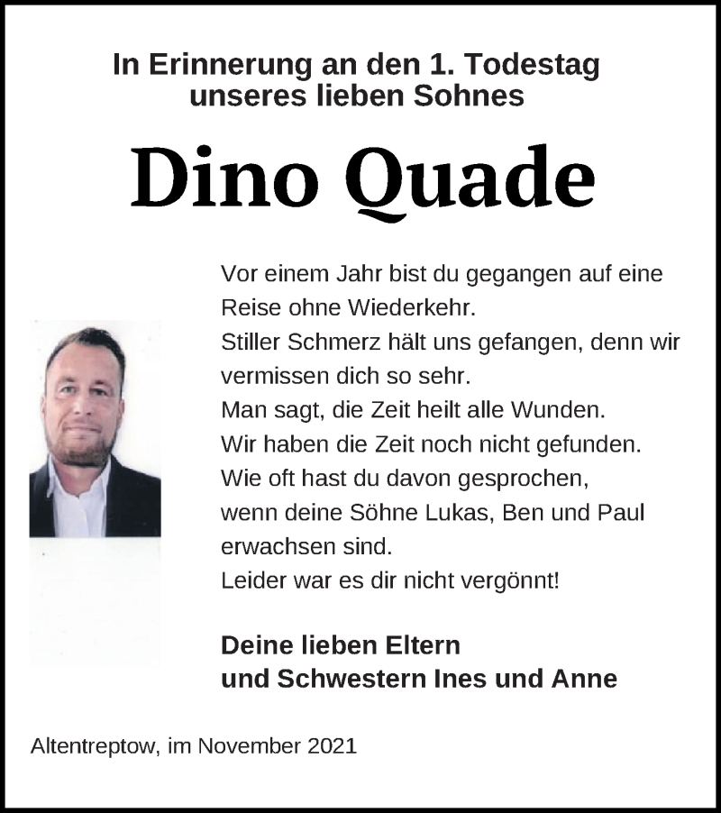  Traueranzeige für Dino Quade vom 30.11.2021 aus Neubrandenburger Zeitung
