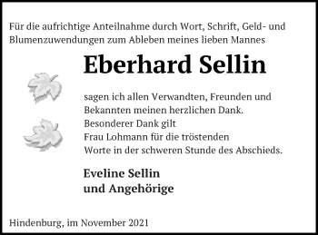 Traueranzeige von Eberhard Sellin von Templiner Zeitung