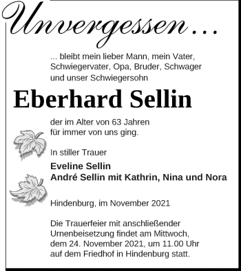 Traueranzeige von Eberhard Sellin von Templiner Zeitung