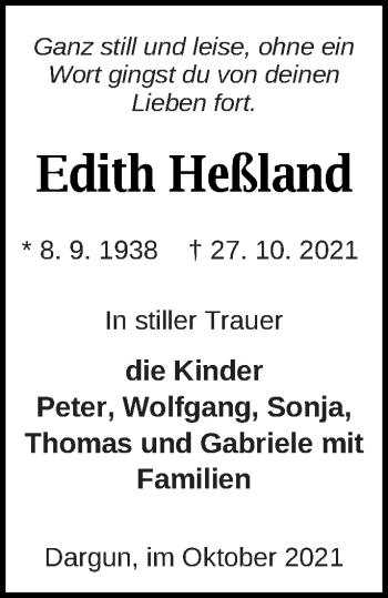 Traueranzeige von Edith Heßland von Mecklenburger Schweiz