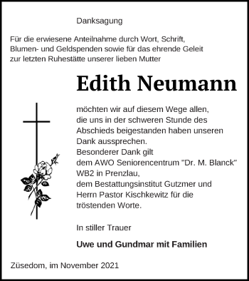 Traueranzeige von Edith Neumann von Pasewalker Zeitung