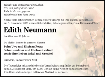 Traueranzeige von Edith Neumann von Pasewalker Zeitung