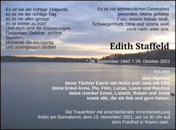 Traueranzeige von Edith Staffeld von Müritz-Zeitung