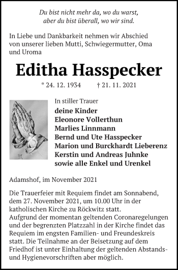 Traueranzeige von Editha Hasspecker von Neubrandenburger Zeitung